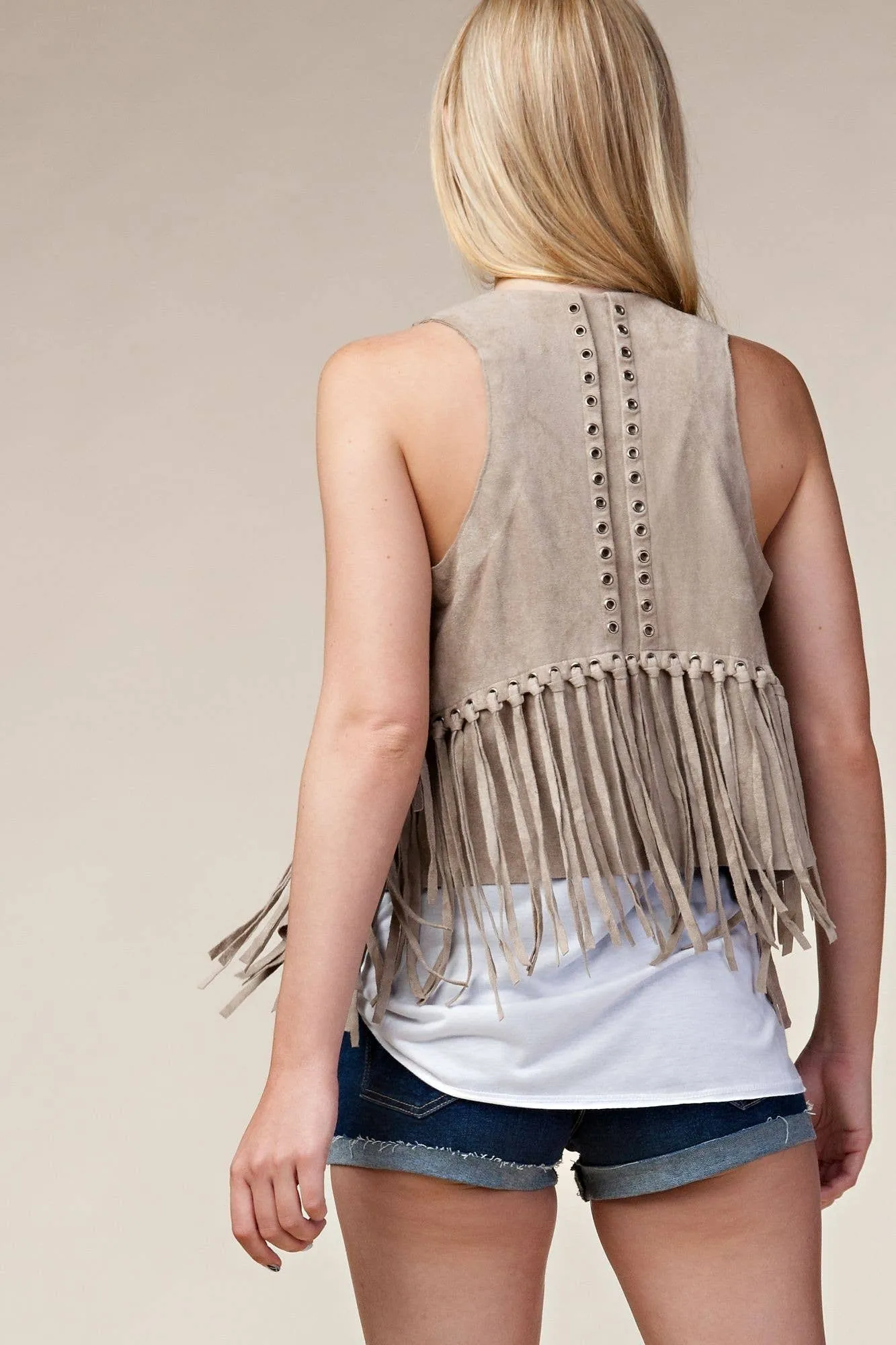 Fringe Vest with Eyelets: Camel