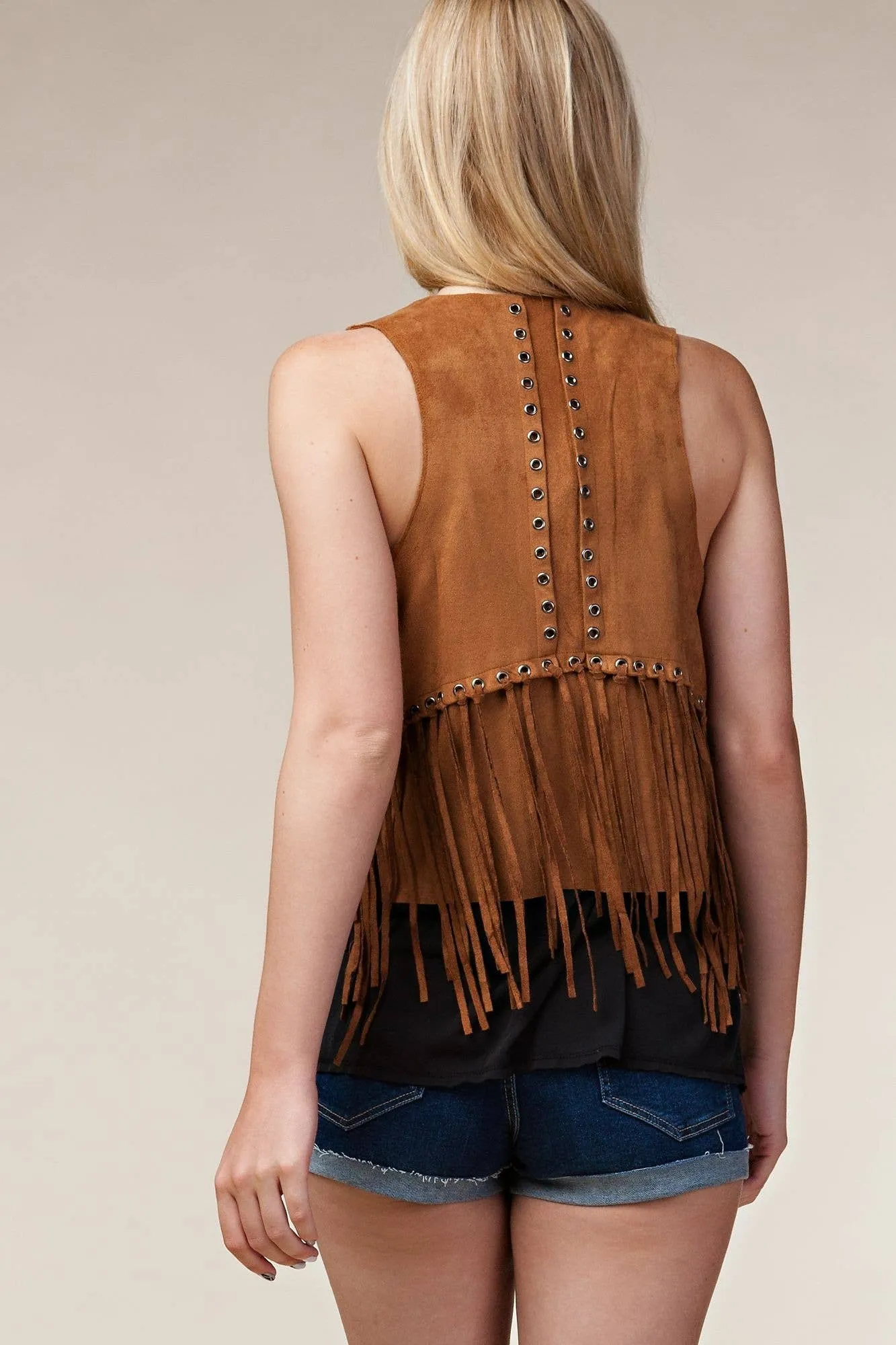 Fringe Vest with Eyelets: Camel