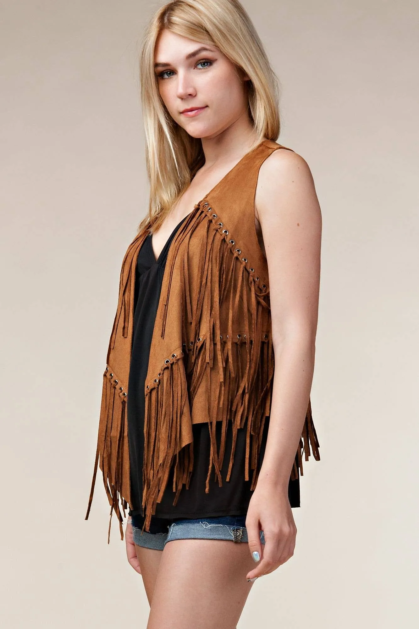 Fringe Vest with Eyelets: Camel