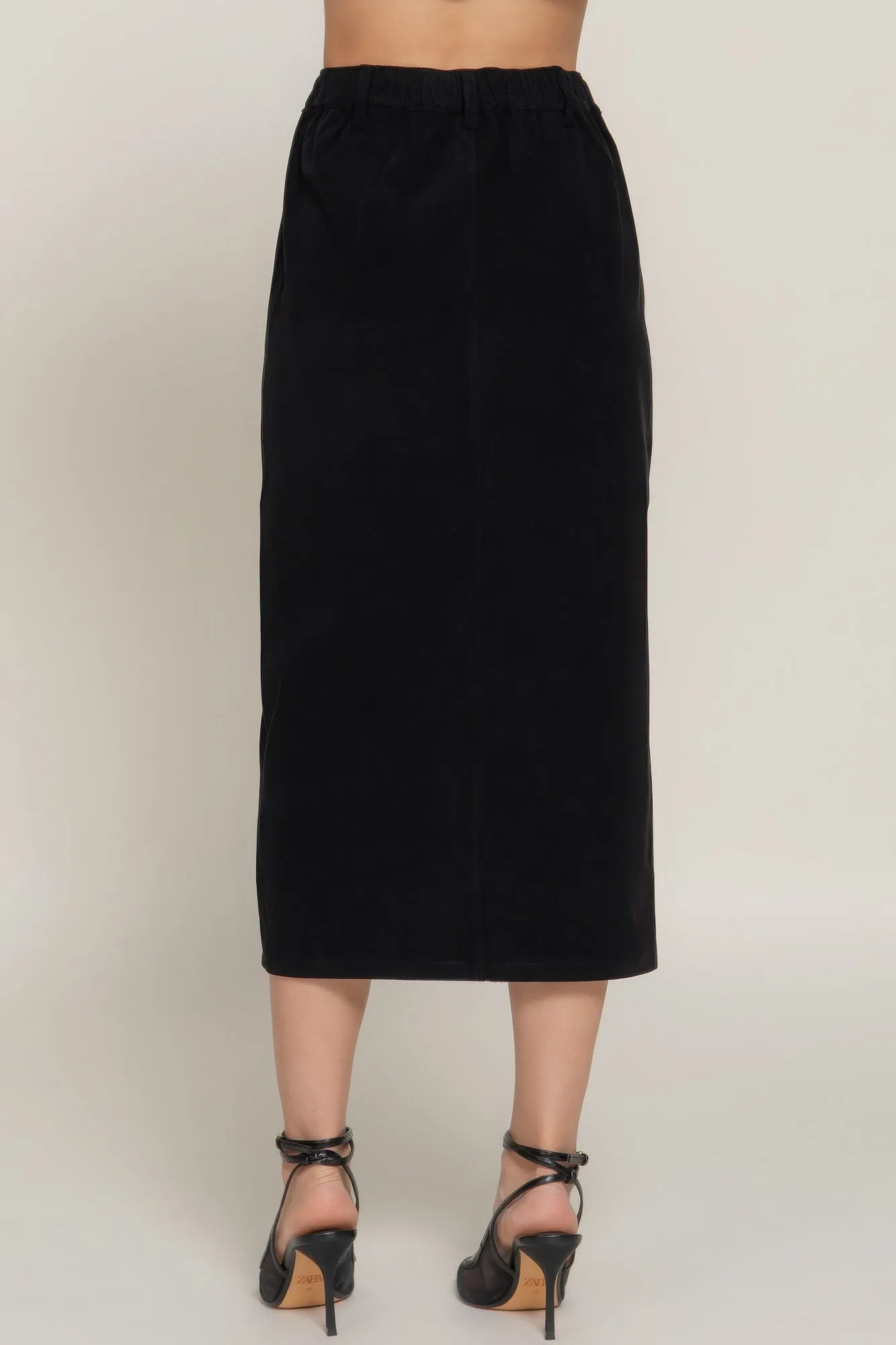 Front Open Slit Corduroy Midi Skirt Black