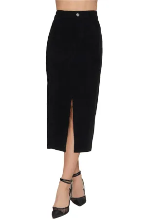 Front Open Slit Corduroy Midi Skirt Black