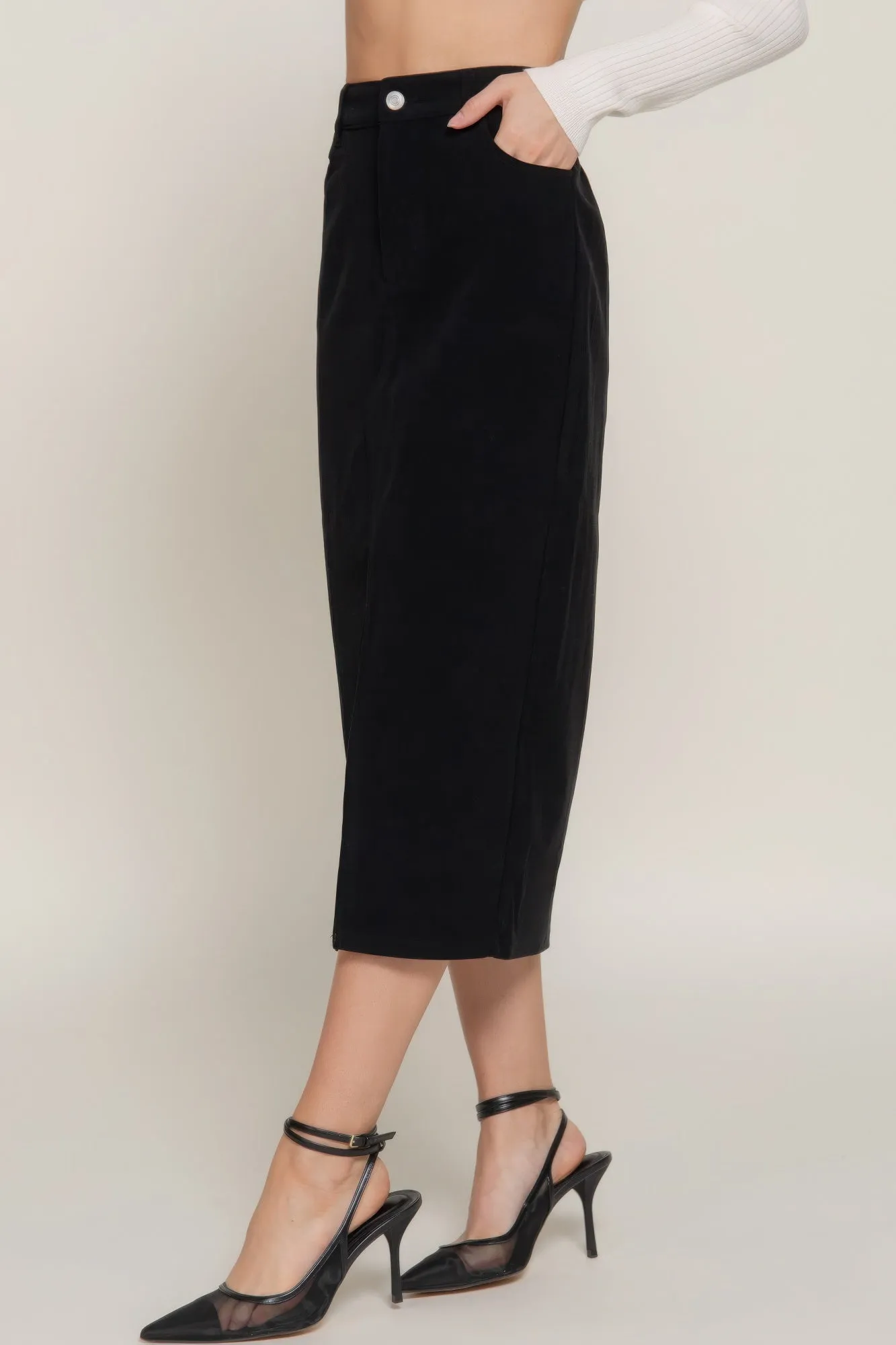 Front Open Slit Corduroy Midi Skirt Black