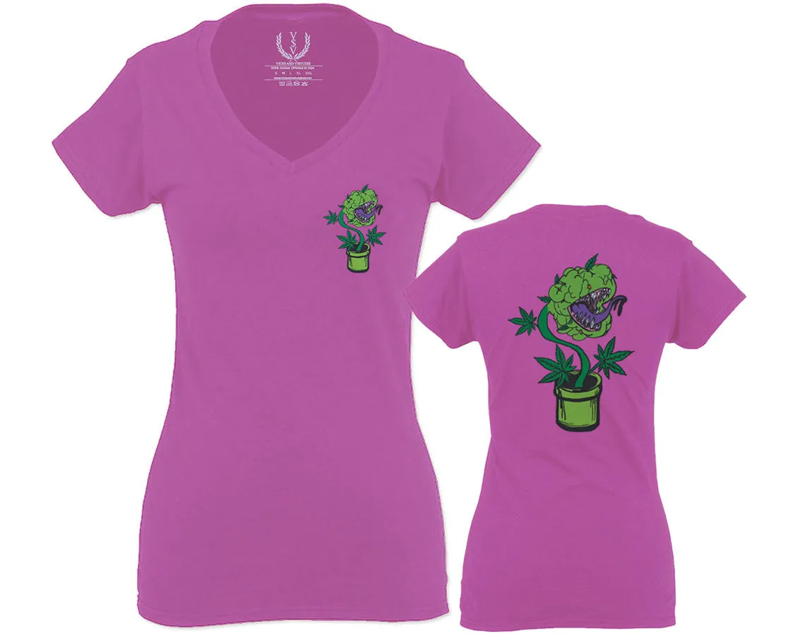 Funny 420 Stoned Day Weed Marijuana Kush Pot Leaf Cannabis Plant For Women V neck fitted T Shirt