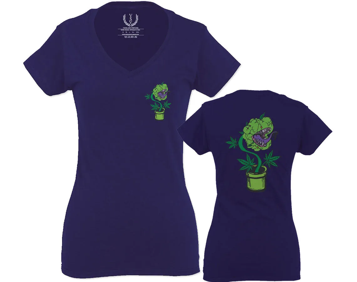 Funny 420 Stoned Day Weed Marijuana Kush Pot Leaf Cannabis Plant For Women V neck fitted T Shirt