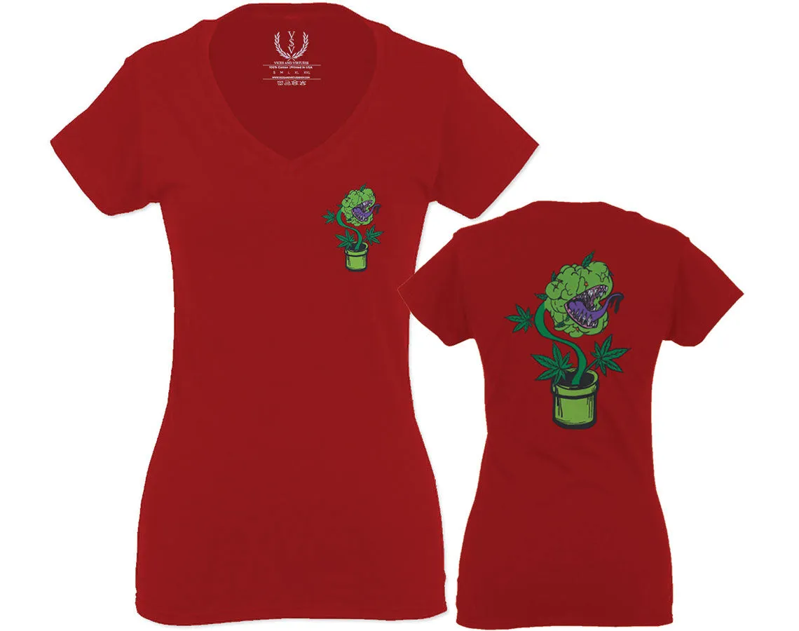 Funny 420 Stoned Day Weed Marijuana Kush Pot Leaf Cannabis Plant For Women V neck fitted T Shirt