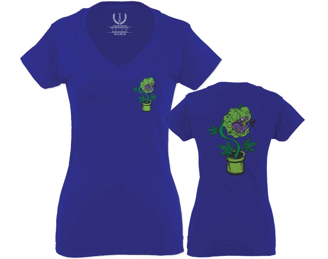 Funny 420 Stoned Day Weed Marijuana Kush Pot Leaf Cannabis Plant For Women V neck fitted T Shirt