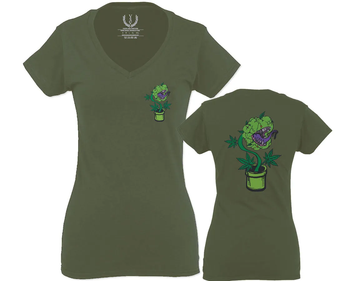 Funny 420 Stoned Day Weed Marijuana Kush Pot Leaf Cannabis Plant For Women V neck fitted T Shirt