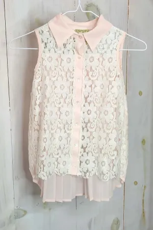Girls Collared Button Down Lace Blush Top
