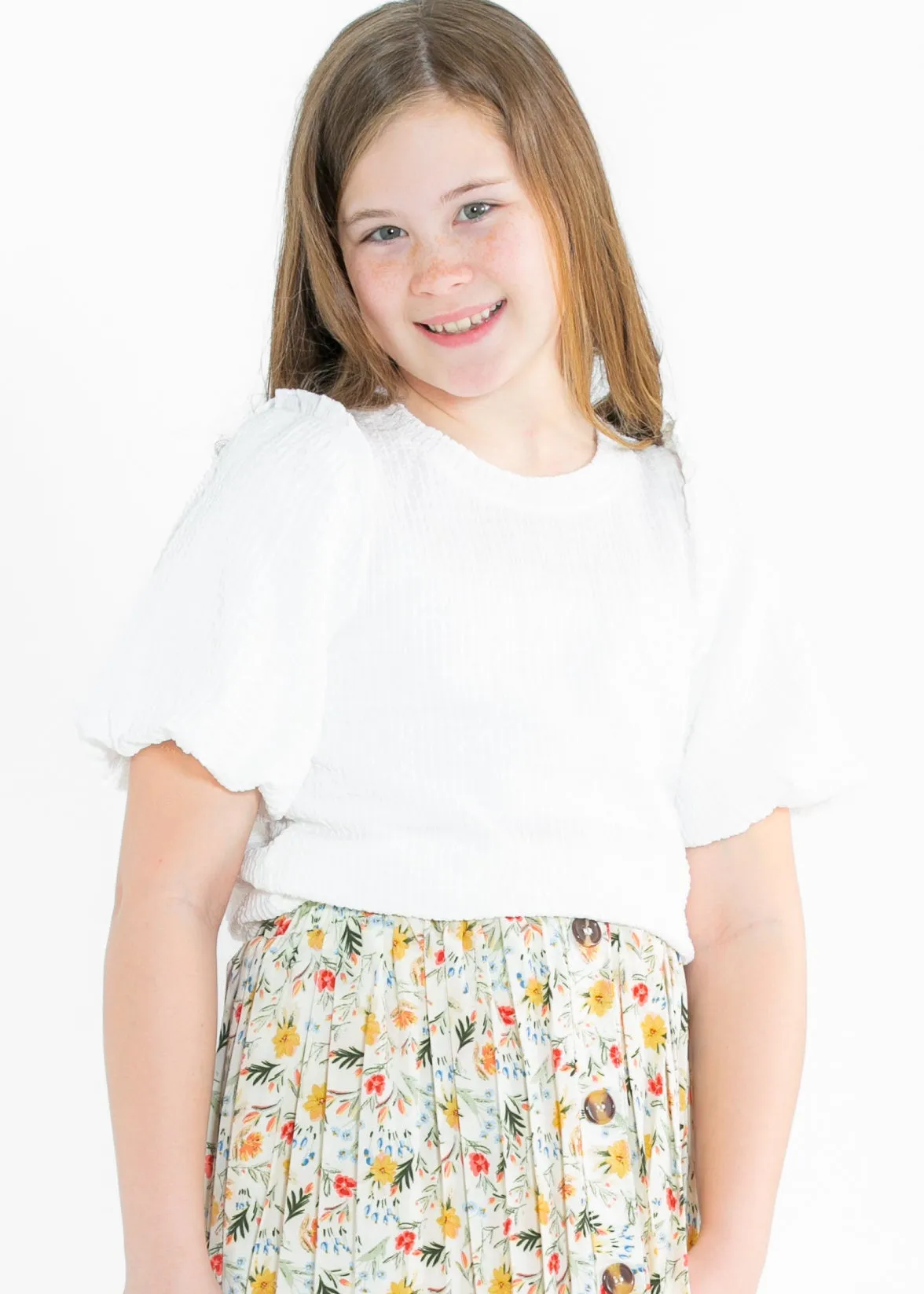 Girl's Crinkled Puff Sleeve Knit Top
