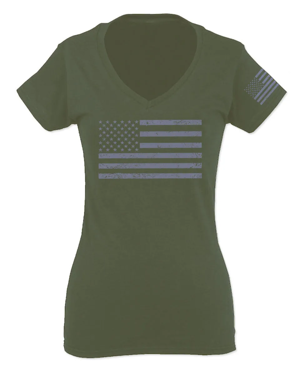Gray America USA Patriotic American United States Vintage Flag For Women V neck fitted T Shirt