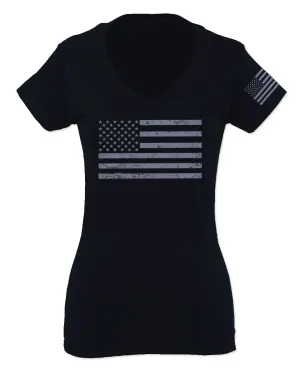 Gray America USA Patriotic American United States Vintage Flag For Women V neck fitted T Shirt