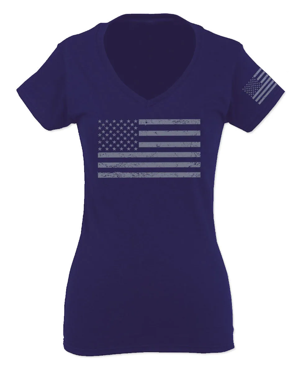 Gray America USA Patriotic American United States Vintage Flag For Women V neck fitted T Shirt
