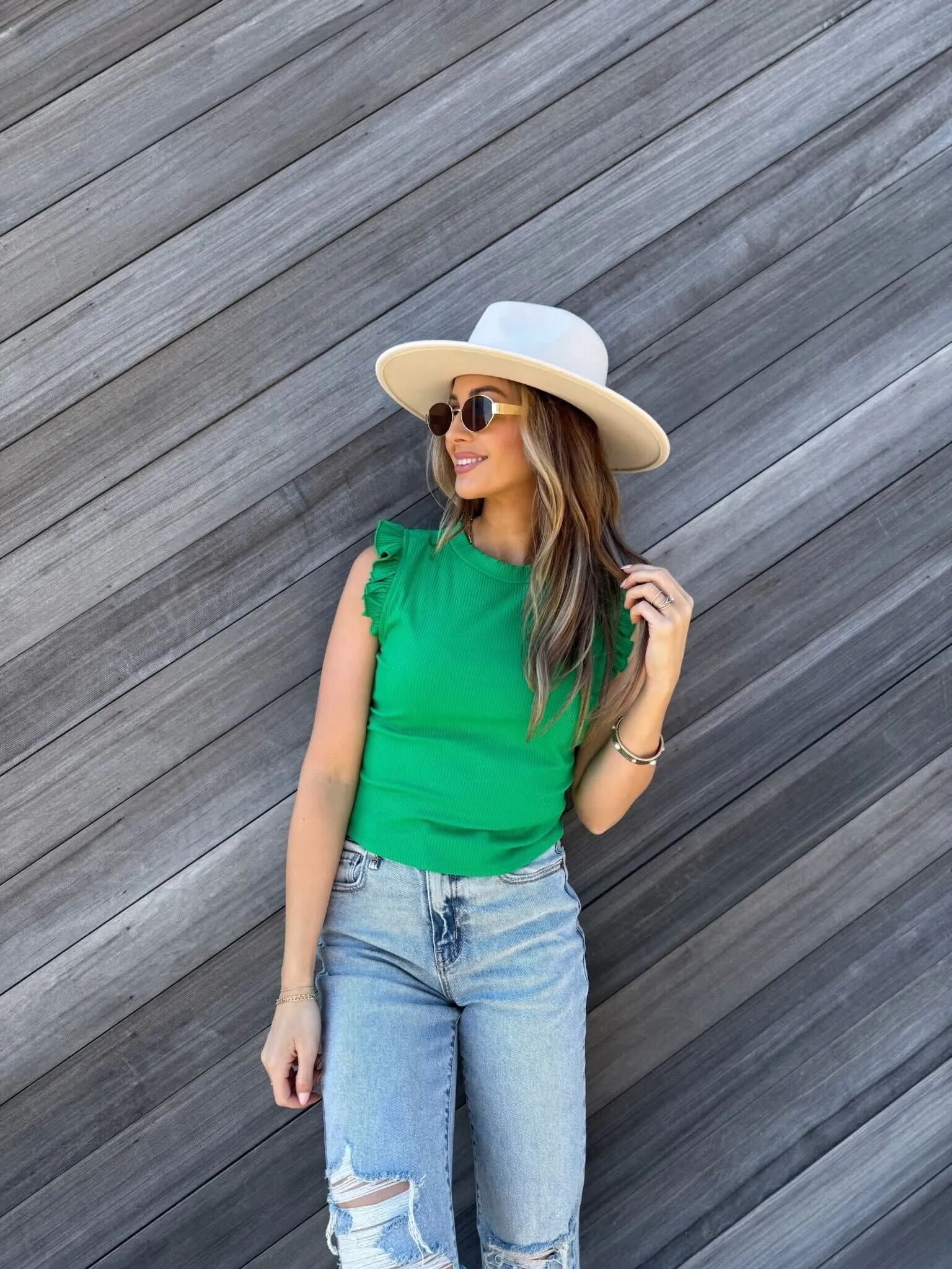 Green Ruffle Cap Sleeve Tank Top