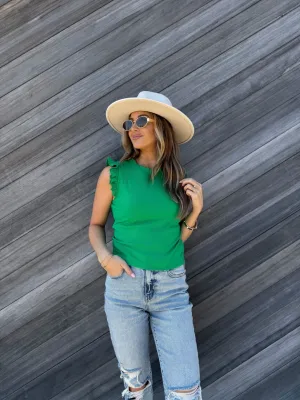 Green Ruffle Cap Sleeve Tank Top