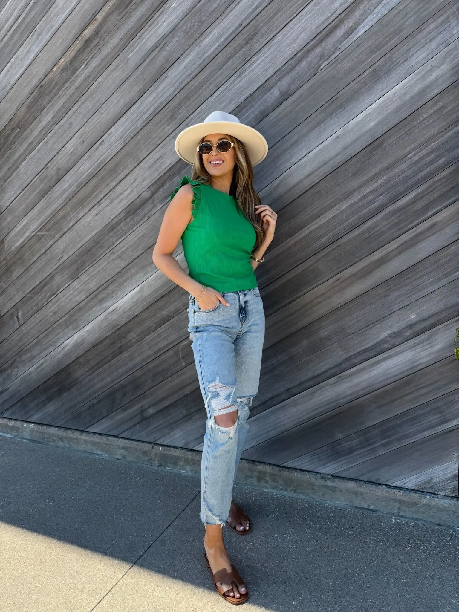 Green Ruffle Cap Sleeve Tank Top