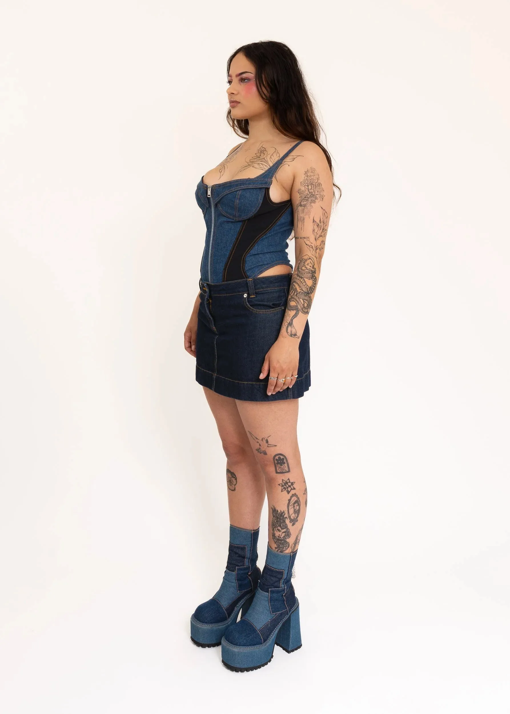 Heart Orb Embroidered Denim Mini Skirt