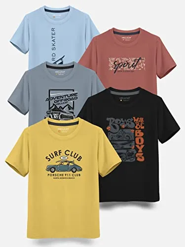 HELLCAT Trendy Typographic Printed Cotton Blend Half Sleeve T-Shirt for Boys - Pack of 5 / Mustard & Black & Bluish Grey & Brick & Sky Blue / 15-16 Years