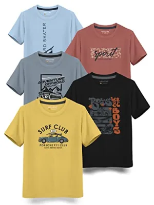 HELLCAT Trendy Typographic Printed Cotton Blend Half Sleeve T-Shirt for Boys - Pack of 5 / Mustard & Black & Bluish Grey & Brick & Sky Blue / 15-16 Years