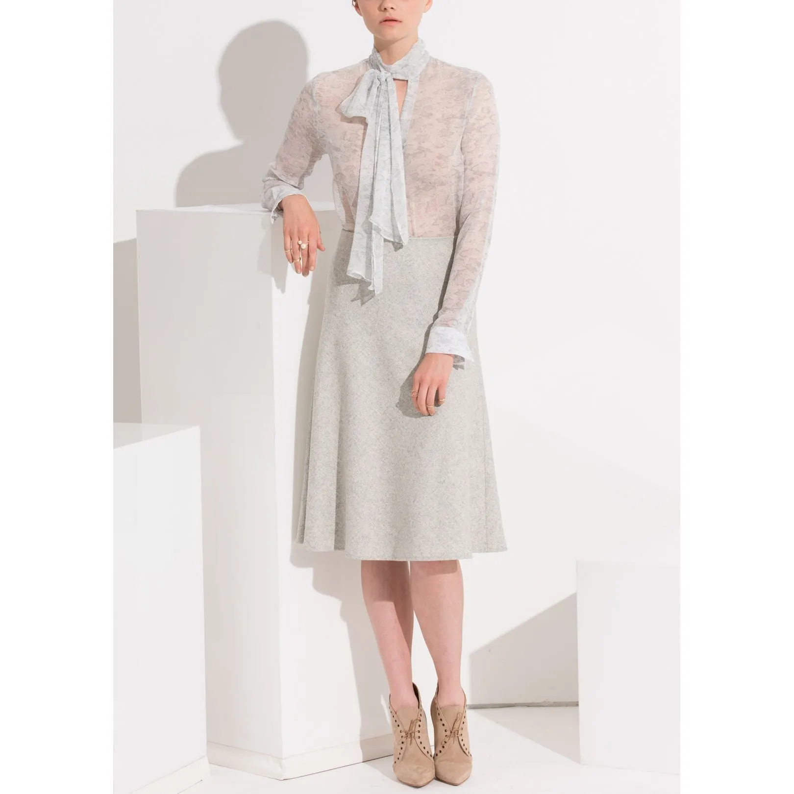 High Waisted Wool Knit Midi Skirt In Heather Grey