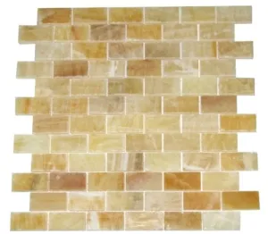 Honey Onyx 1x2 Brick Pattern Polished Mosaics Meshed on 12" X 12" Tile for Backsplash, Shower Walls, Bathroom Floors