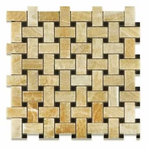 Honey Onyx Basketweave Mosaic Tile with Black Marble Dots, Polished (Lot of 50 sq. ft.)