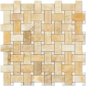 Honey Onyx Polished Basketweave with White Marble Insert Dot - 6" x 6" Sample