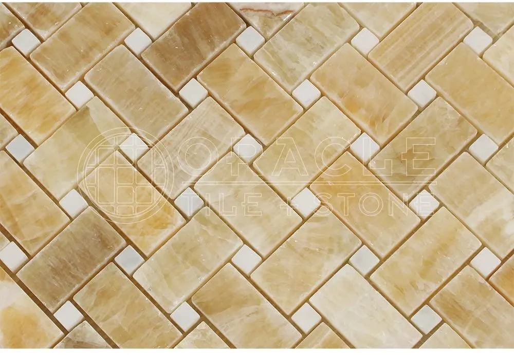 Honey Onyx Polished Basketweave with White Marble Insert Dot - 6" x 6" Sample