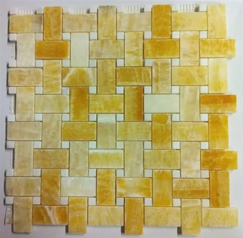 Honey Onyx Polished Basketweave with White Marble Insert Dot - 6" x 6" Sample