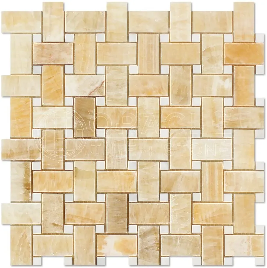 Honey Onyx Polished Basketweave with White Marble Insert Dot - 6" x 6" Sample