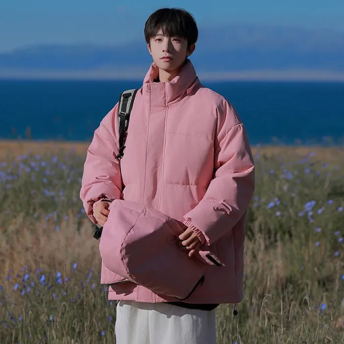 Hooded and Thickened Puffer Jacket for Men with Zip-up Closure