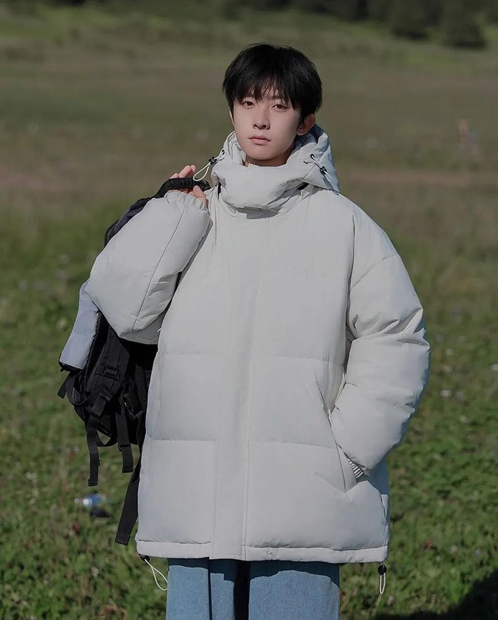 Hooded and Thickened Puffer Jacket for Men with Zip-up Closure