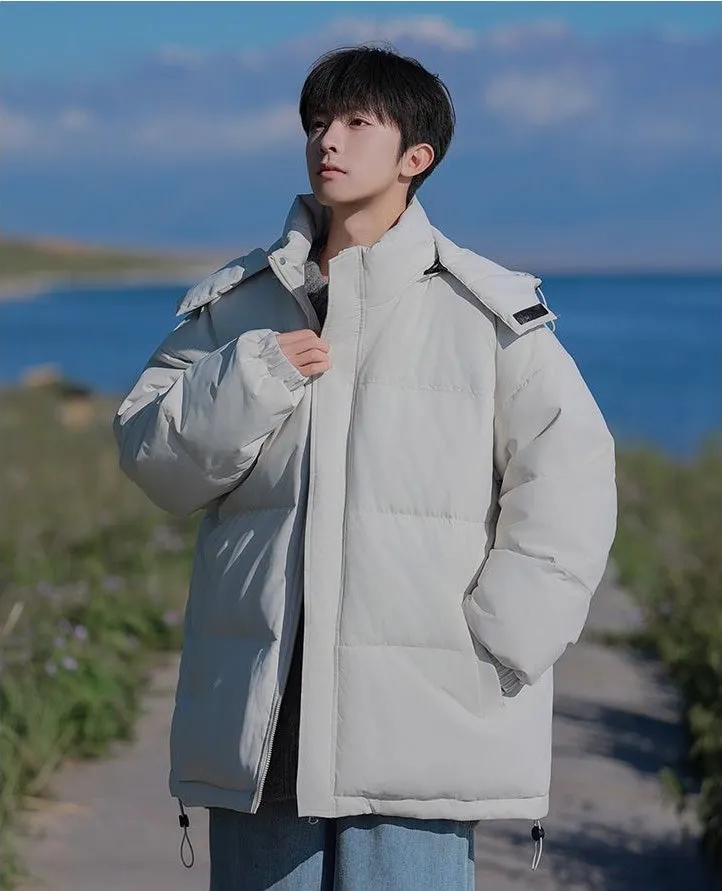Hooded and Thickened Puffer Jacket for Men with Zip-up Closure