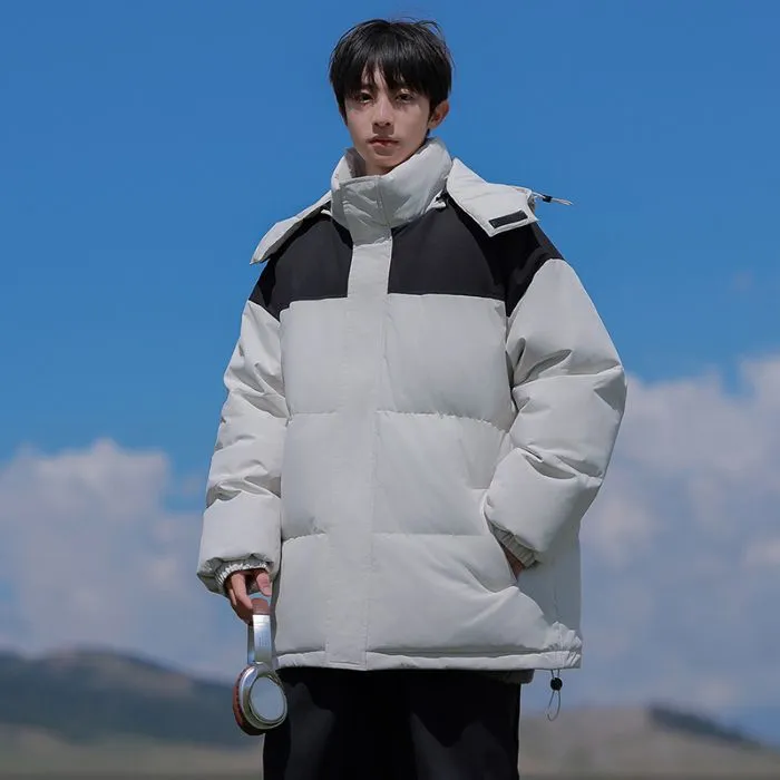 Hooded and Thickened Puffer Jacket for Men with Zip-up Closure