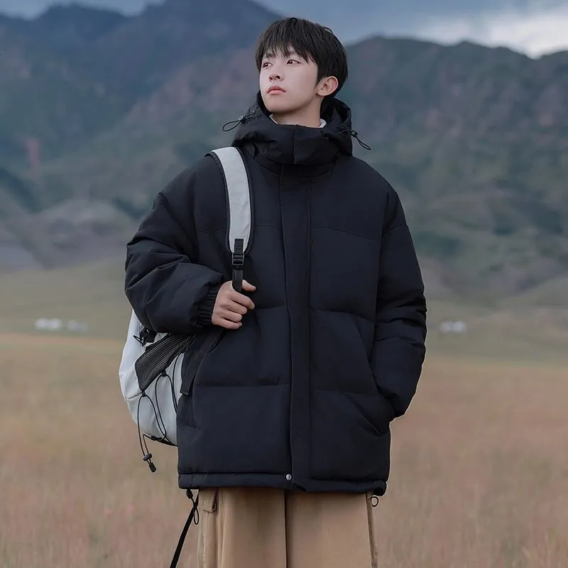 Hooded and Thickened Puffer Jacket for Men with Zip-up Closure