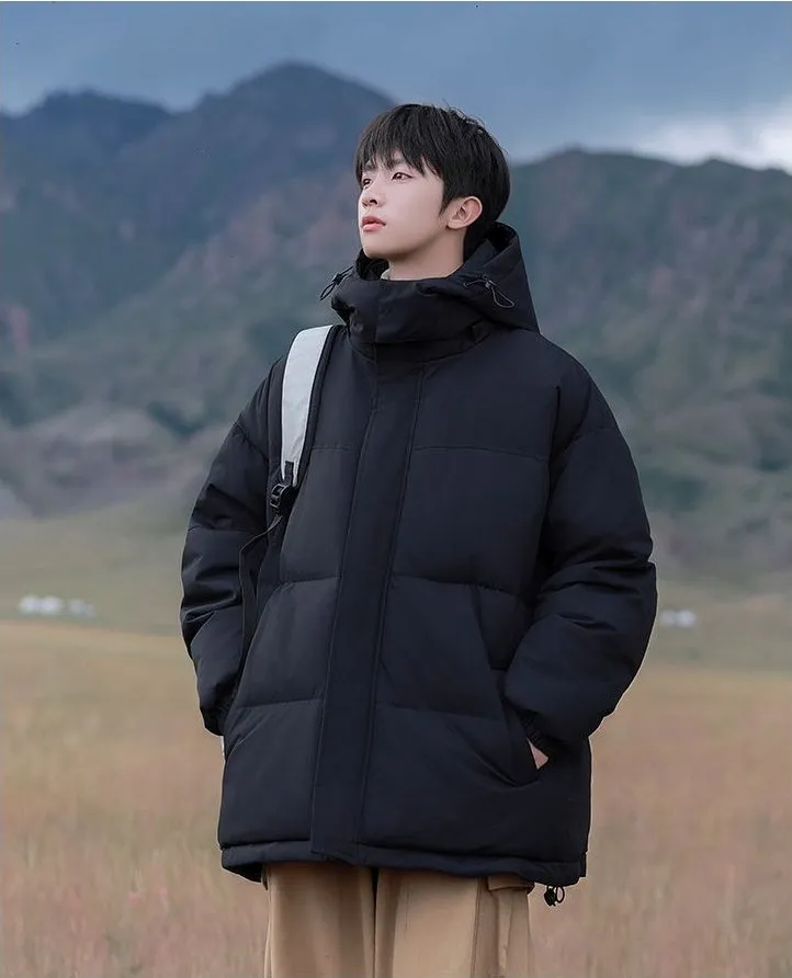 Hooded and Thickened Puffer Jacket for Men with Zip-up Closure