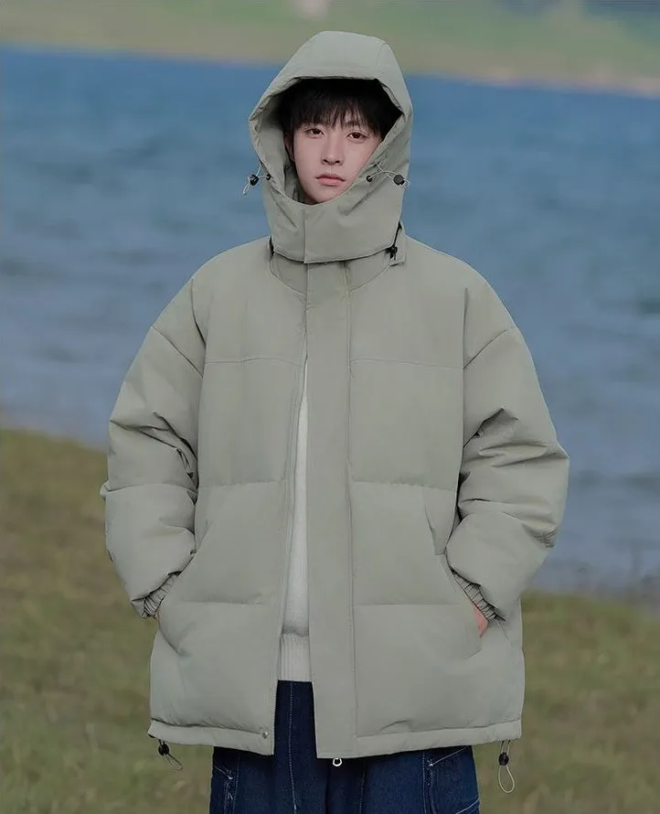 Hooded and Thickened Puffer Jacket for Men with Zip-up Closure