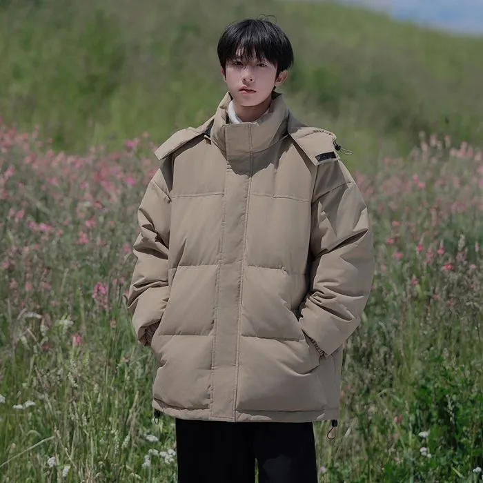 Hooded and Thickened Puffer Jacket for Men with Zip-up Closure