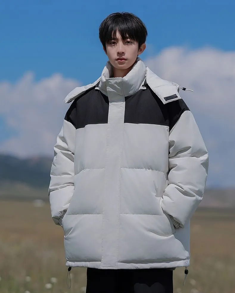 Hooded and Thickened Puffer Jacket for Men with Zip-up Closure
