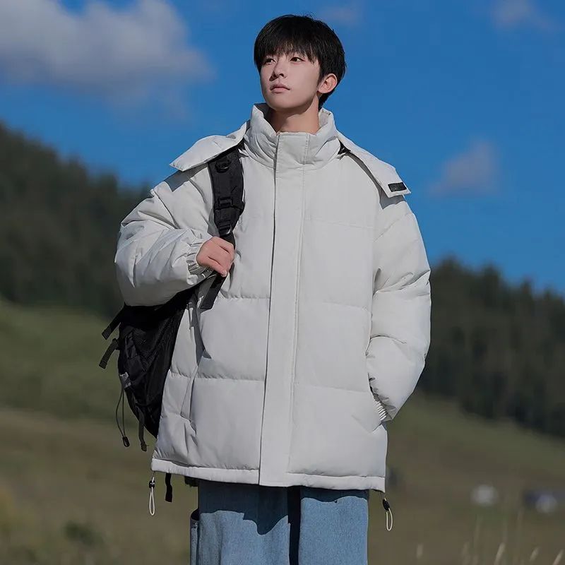 Hooded and Thickened Puffer Jacket for Men with Zip-up Closure