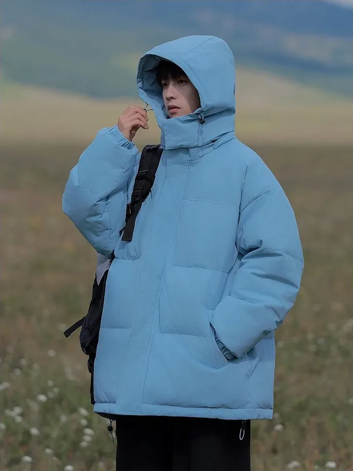 Hooded and Thickened Puffer Jacket for Men with Zip-up Closure
