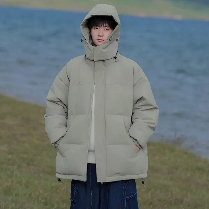 Hooded and Thickened Puffer Jacket for Men with Zip-up Closure