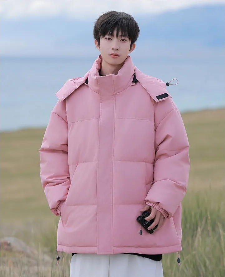 Hooded and Thickened Puffer Jacket for Men with Zip-up Closure