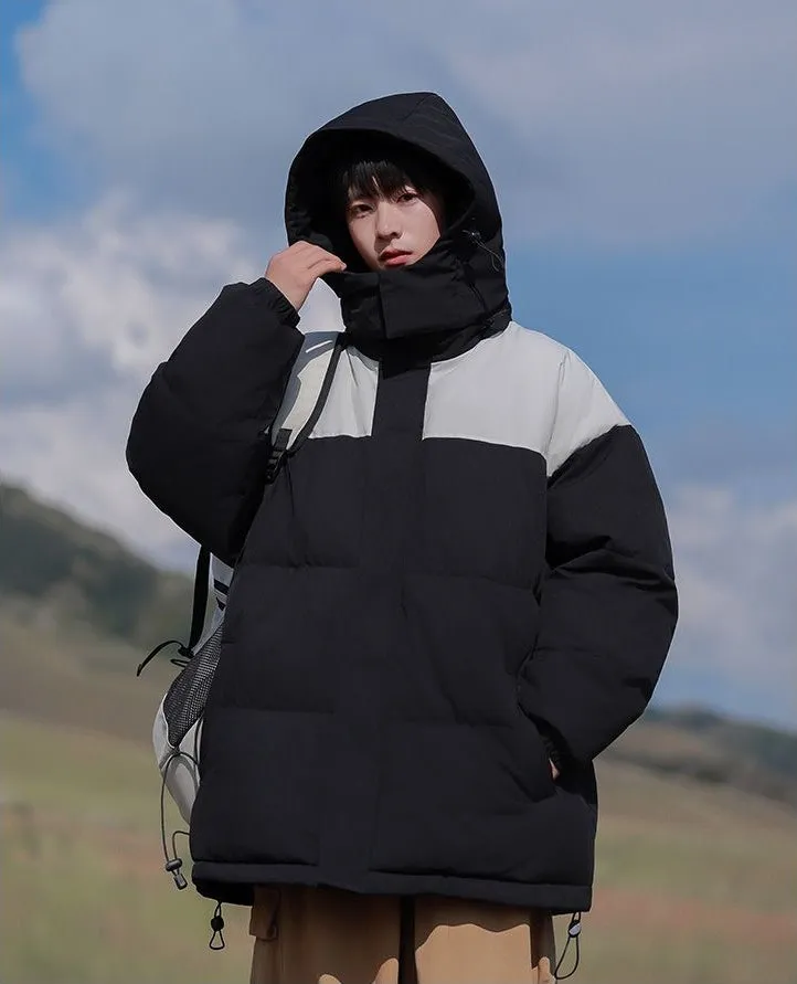 Hooded and Thickened Puffer Jacket for Men with Zip-up Closure