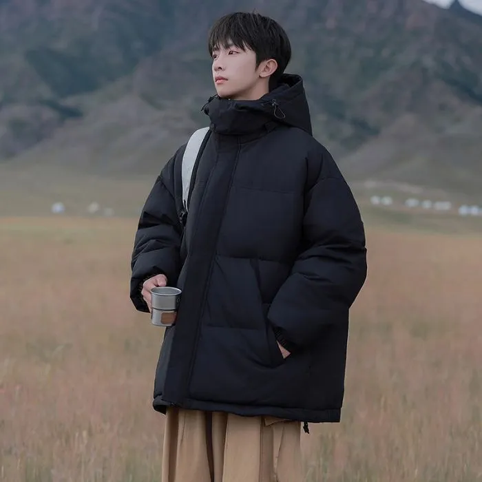 Hooded and Thickened Puffer Jacket for Men with Zip-up Closure