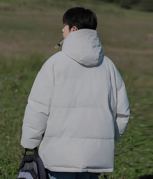 Hooded and Thickened Puffer Jacket for Men with Zip-up Closure