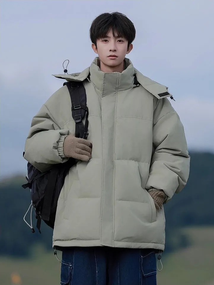 Hooded and Thickened Puffer Jacket for Men with Zip-up Closure