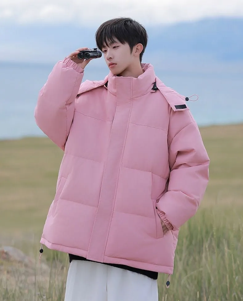 Hooded and Thickened Puffer Jacket for Men with Zip-up Closure