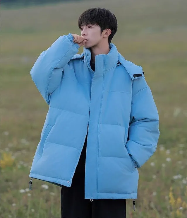 Hooded and Thickened Puffer Jacket for Men with Zip-up Closure