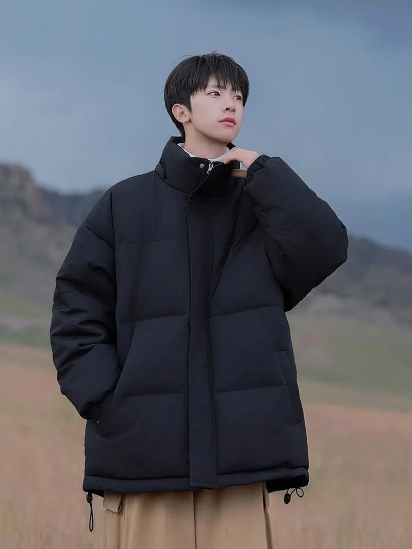 Hooded and Thickened Puffer Jacket for Men with Zip-up Closure
