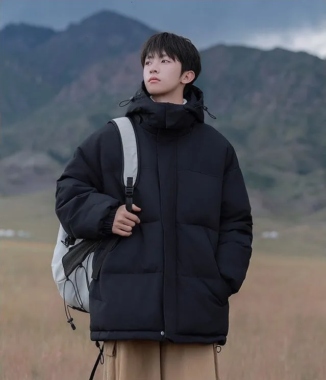 Hooded and Thickened Puffer Jacket for Men with Zip-up Closure